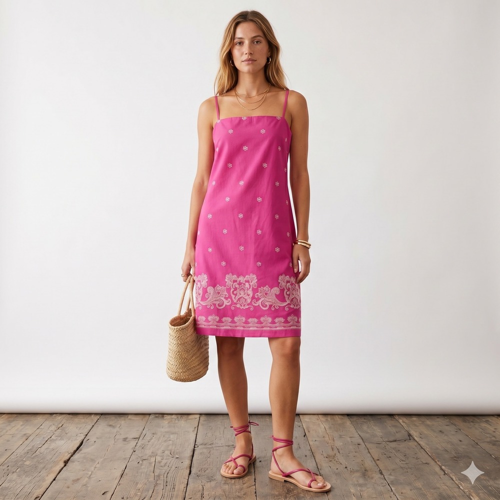 Vintage Ralph Lauren Sun Dress Pink Embroidered Linen-Cotton Boho 17.5 P2P - Picture 1 of 7